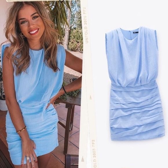 Zara Shoulder Pad Mini Dress - Blue (Category: Dresses) located in Caloocan City. Submitted by dorbueittus (Listing ID 1422772856, Image 2). Description: - Zara mini dress - Size M - Light blue color - Stylish shoulder pad design - Flattering ruched skirt - Made in Morocco - New with tag - Ideal for a night out or special events.
