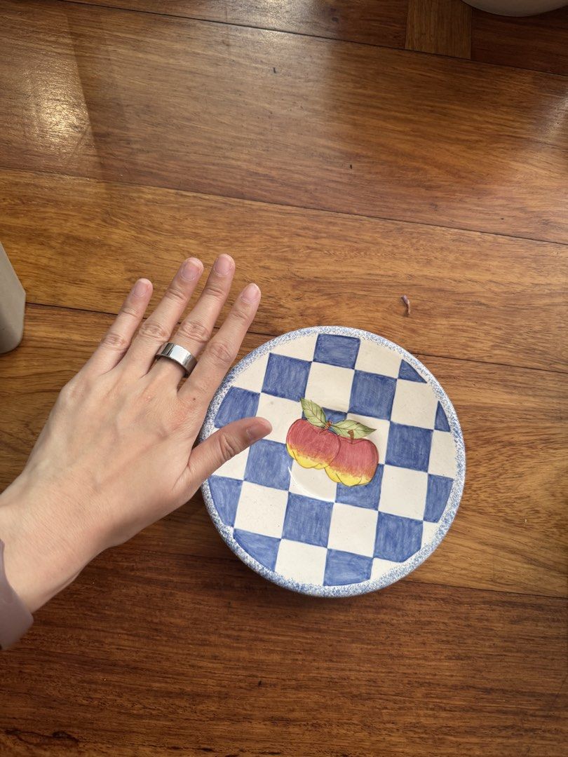 Apple plate (Category: Dinnerware & Cutlery) located in Manila. Submitted by declutterkween14 (Listing ID 1422940262, Image 2). Description: - 7 Blue and white checkered plate - Ceramic material - Slightly raised edge with dotted border .
