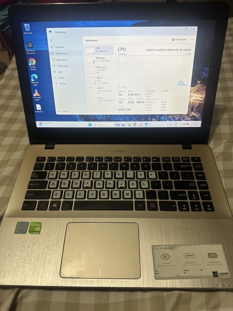 ASUS Vivobook X442U Laptop (Category: Laptops & Notebooks) located in Baguio. Submitted by rogdj (Listing ID 1423048323, Image 2). Description: ASUS VivoBook X442U Laptop for Sale! Perfect for students or work-from-home. · Processor: Intel Core i5-8250U Quad-Core (1.6 GHz, up to 3.4 GHz Turbo Boost)for super-fast performance . ·Ram: 8 gb · Screen: 14” Full HD Display – perfect for Netflix and productivity . · Graphics: NVIDIA GeForce 940MX for li
