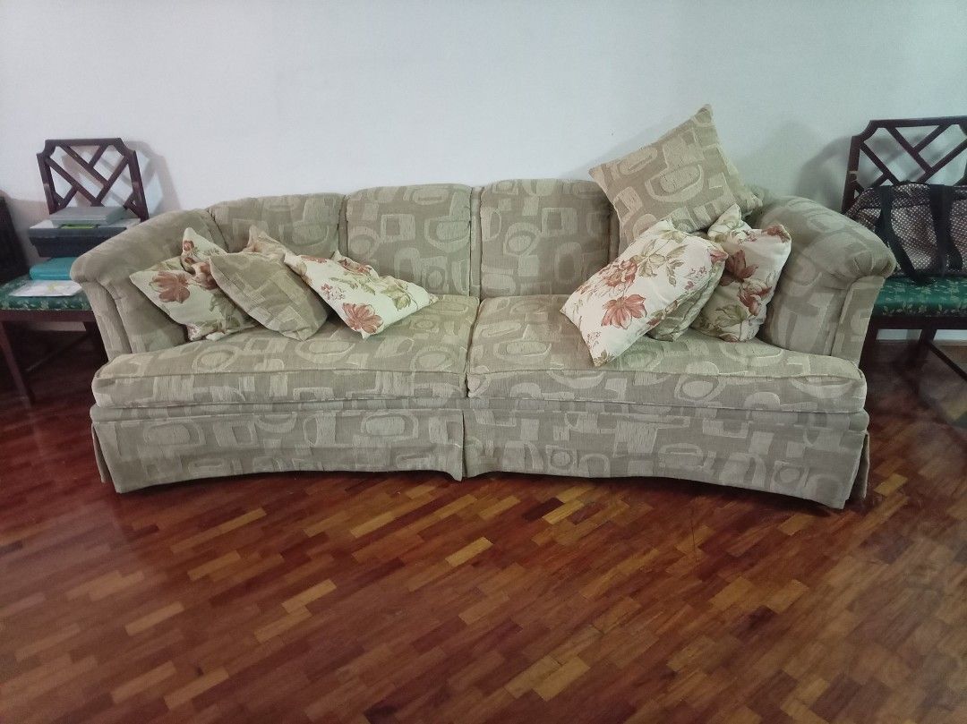 Rush Sale! Beige Patterned Sofa with Pillows (Category: Sofas) located in Makati City. Submitted by giovandbertha1 (Listing ID 1422948581, Image 2). Description: - Beige patterned fabric sofa - Includes matching throw pillows - Curved design - Well-maintained condition - Features a skirted base - Perfect for any living room.