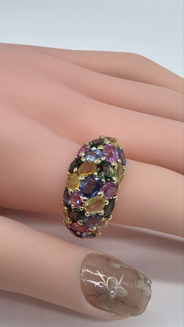 Certified Tutti Frutti multi color sapphire ring (Category: Rings) located in Imus. Submitted by art_luxe (Listing ID 1423074826, Image 3). Description: Certified Tutti Frutti multi color sapphire ring ✅ Tutti Frutti Sapphire Bombè ring in Large Pavè Setting ✅ Sapphire 10 carats oval cut ✅ set in K18 japan yellow gold ✅ 9.5 grams size 7.5 ✅ with Certfificate All of our unique jewelries on sale to this page are all sourced and carefully hand picke