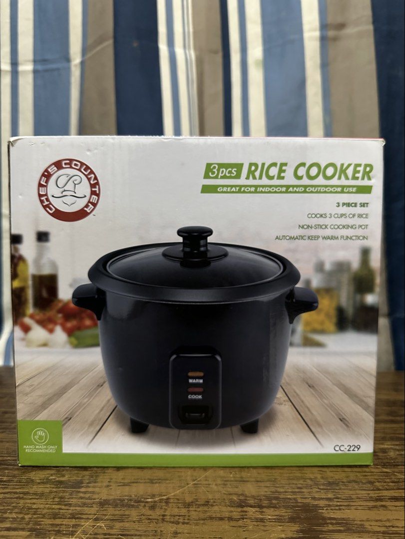 Chef's Counter 3-Piece Rice Cooker (Category: Cookers) located in Cavite. Submitted by veinnn (Listing ID 1423004372, Image 1). Description: Chef's Counter rice cooker is a 3-piece set, perfect for indoor and outdoor use. It cooks up to 3 cups of rice and features a non-stick cooking pot and an automatic keep-warm function. The cooker has a black exterior and includes a lid..