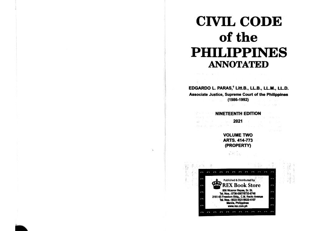 CIVIL CODE of the PHILIPPINES ANNOTATED, Vol. 2 (Property). Paras (2021 ...