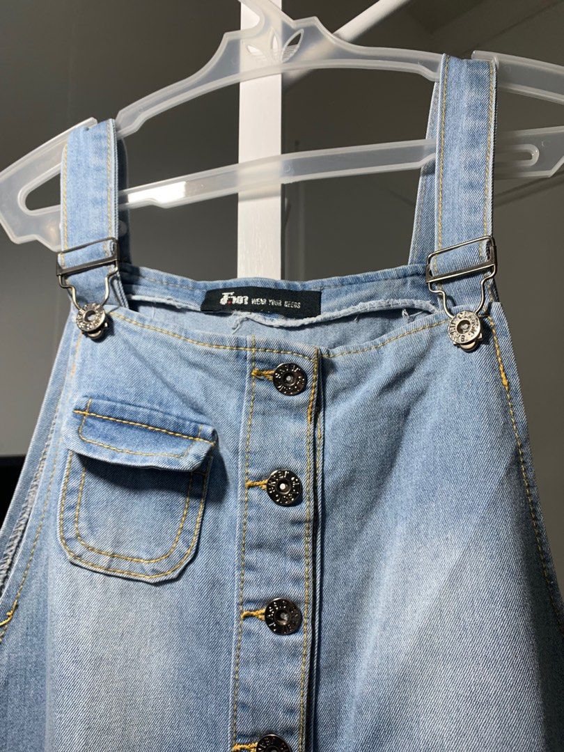 Denim Overall Dress (Category: Jumpsuits) located in Quezon City. Submitted by declutterwithm (Listing ID 1423020803, Image 2). Description: - Light blue denim overall dress - Button-down front - Adjustable straps - Features pockets - Raw hemline - Fits S to M.
