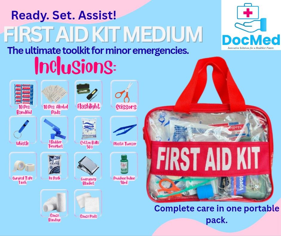 FIRST AID KIT WITH INCLUSION (Category: Medical Supplies & Tools) located in Quezon City. Submitted by staffmarke01383 (Listing ID 1422954164, Image 1). Description: - DocMed First Aid Kit (Medium Size) - Designed for minor emergencies - Includes essential first aid supplies - Portable and easy to carry - Clear bag for easy identification of contents - Complete care in one portable pack.