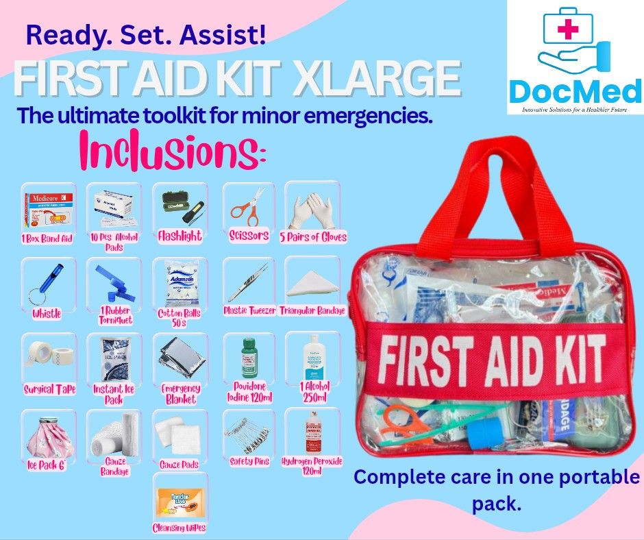 FIRST AID KIT WITH INCLUSION (Category: Medical Supplies & Tools) located in Quezon City. Submitted by staffmarke01383 (Listing ID 1422954164, Image 3). Description: - DocMed First Aid Kit (Medium Size) - Designed for minor emergencies - Includes essential first aid supplies - Portable and easy to carry - Clear bag for easy identification of contents - Complete care in one portable pack.