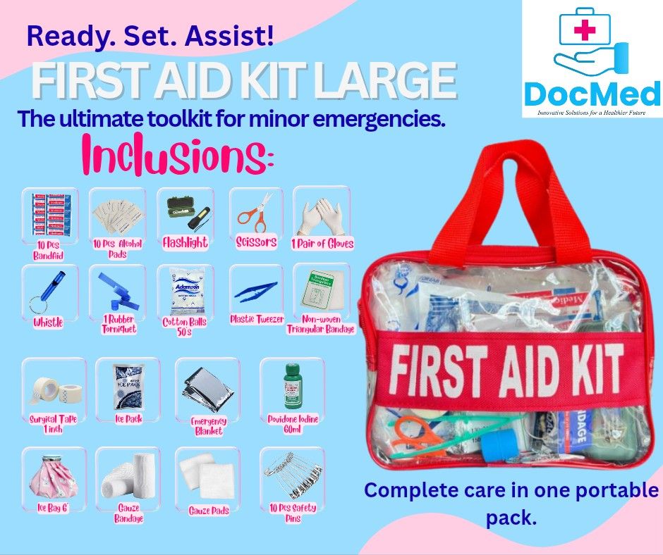 FIRST AID KIT WITH INCLUSION (Category: Medical Supplies & Tools) located in Quezon City. Submitted by staffmarke01383 (Listing ID 1422954164, Image 2). Description: - DocMed First Aid Kit (Medium Size) - Designed for minor emergencies - Includes essential first aid supplies - Portable and easy to carry - Clear bag for easy identification of contents - Complete care in one portable pack.
