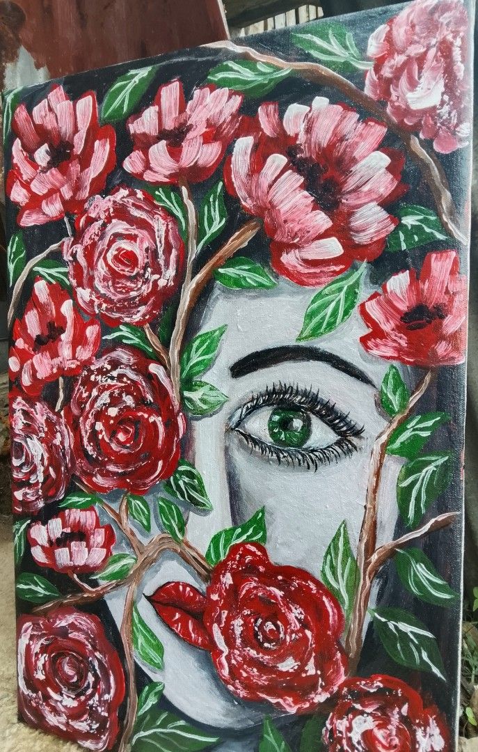 Floral Face Acrylic Painting (Category: Art & Prints) located in Manila. Submitted by alarts (Listing ID 1422977639, Image 2). Description: Materials: Acrylic paint on Stretched canvas Size: 16 x 21 inches Original acrylic painting on canvas - Depicts a woman's face surrounded by red roses and other flowers - Dark background - Face painted in grayscale - Flowers in vibrant red .