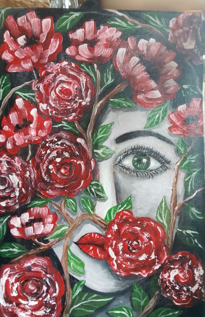 Floral Face Acrylic Painting (Category: Art & Prints) located in Manila. Submitted by alarts (Listing ID 1422977639, Image 3). Description: Materials: Acrylic paint on Stretched canvas Size: 16 x 21 inches Original acrylic painting on canvas - Depicts a woman's face surrounded by red roses and other flowers - Dark background - Face painted in grayscale - Flowers in vibrant red .
