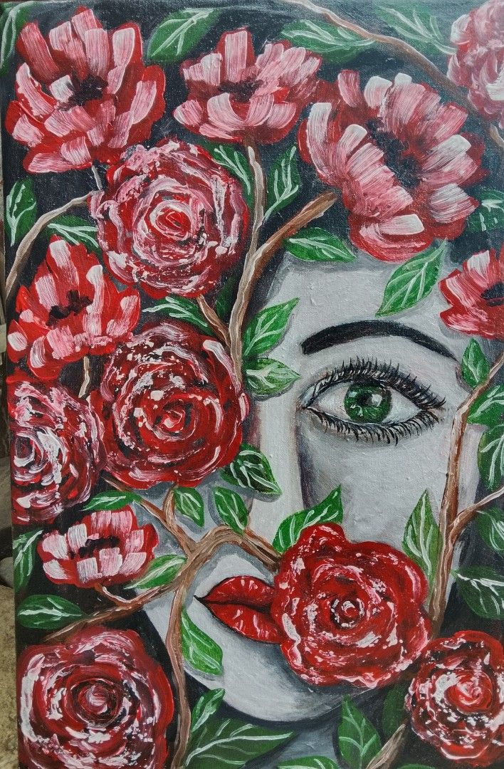 Floral Face Acrylic Painting (Category: Art & Prints) located in Manila. Submitted by alarts (Listing ID 1422977639, Image 1). Description: Materials: Acrylic paint on Stretched canvas Size: 16 x 21 inches Original acrylic painting on canvas - Depicts a woman's face surrounded by red roses and other flowers - Dark background - Face painted in grayscale - Flowers in vibrant red .
