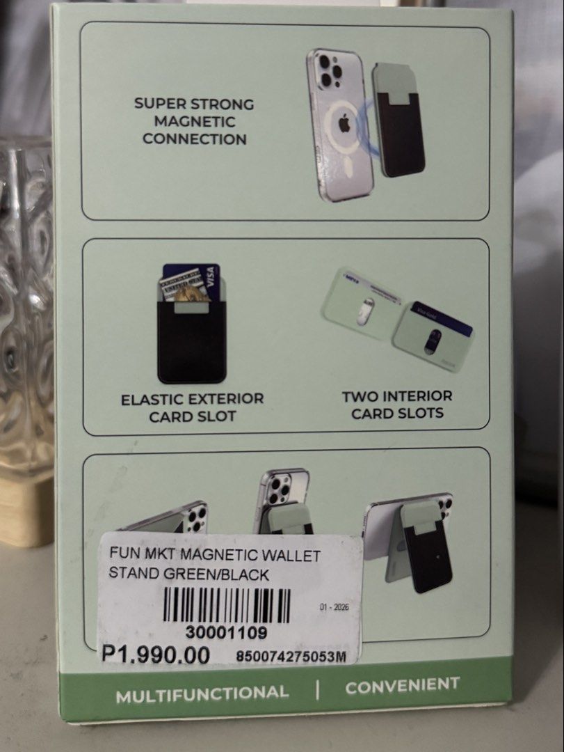 Function Magnetic Wallet and iPhone stand (Category: Mounts & Holders) located in Manila. Submitted by UnlimitedBagsPH (Listing ID 1423036010, Image 2). Description: Magnetic Wallet iPhone stand 5 card holder 3 position stand .