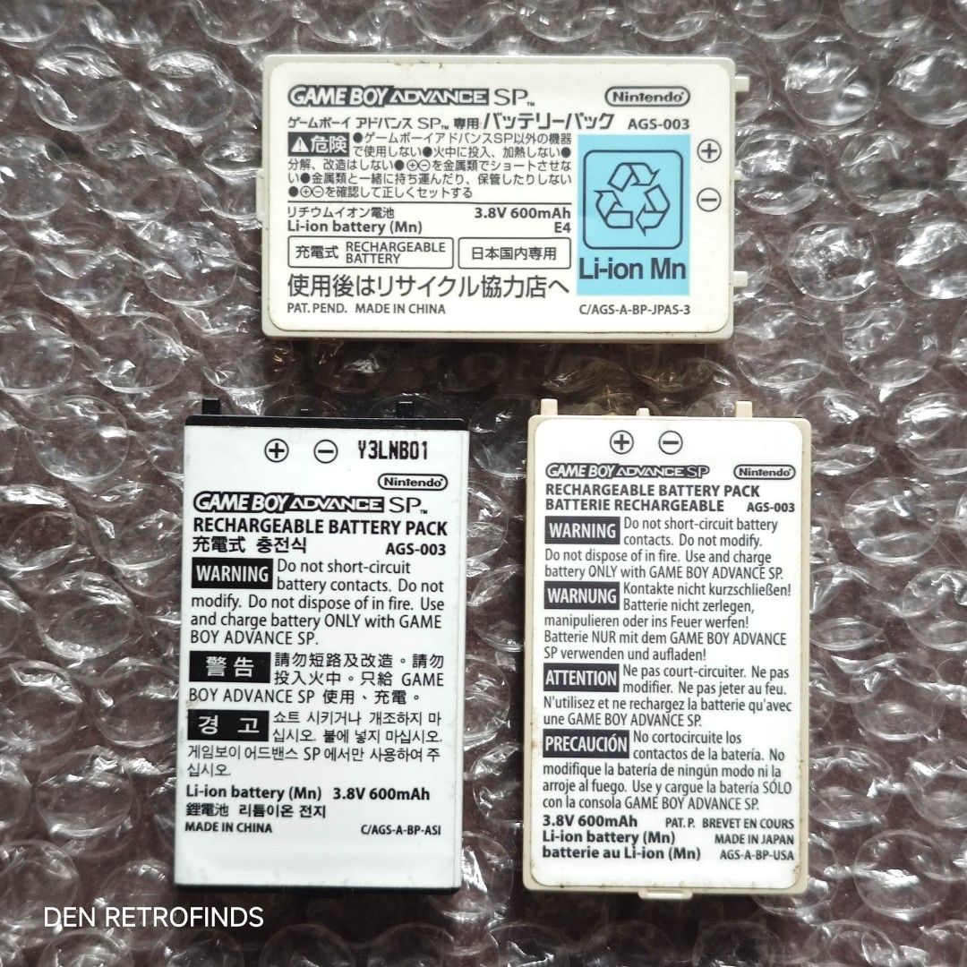 Game Boy Advance SP Rechargeable Battery Pack 500 each (Category: Nintendo) located in Manila. Submitted by Dencios_Manila (Listing ID 1422978089, Image 1). Description: Tested in working condition. Charging Battery. Payment: Gcash Shipping: Lalamove, Grab, LBC Meet-up: San Sebastian Church, Legarda, Mendiola, UE Recto - Rechargeable battery pack for Game Boy Advance SP. - 3.8V, 600mAh Li-ion battery. - Model number: AGS-003. - Made in Japan. - C
