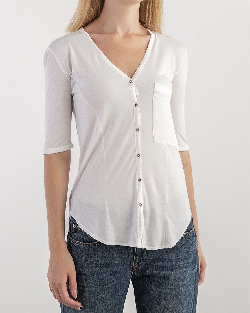 Helmut Lang - Liquid Satin Pocket V-Neck Top (Category: Blouses) located in Angeles City. Submitted by crushedgems (Listing ID 1423018354, Image 2). Description: id: Helmut Lang - Liquid Satin Pocket V-Neck Top Featuring a distinct V-neckline framed by refined satin trim that continues down the button placket, the design is accented by a contrasting satin chest pocket on the left side. Made from a soft, lightweight blend of modal and cashmere, wi
