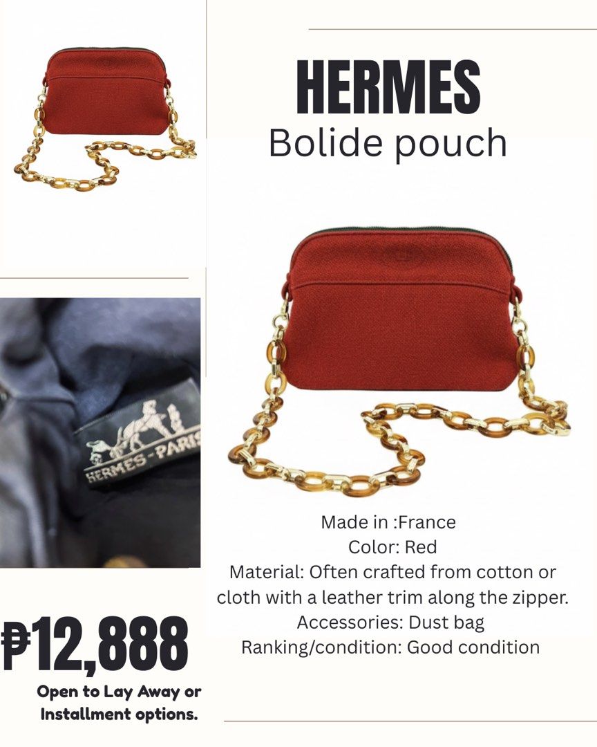 Hermes Bolide Pouch - Red (Category: Luxury Bags & Wallets) located in Manila. Submitted by athenaluxeandco (Listing ID 1422939805, Image 1). Description: - Authentic Hermes Bolide pouch - Color: Red - Made in France - Material: Cotton/Cloth with leather trim - Includes dust bag - Features chain strap - Condition: Good.