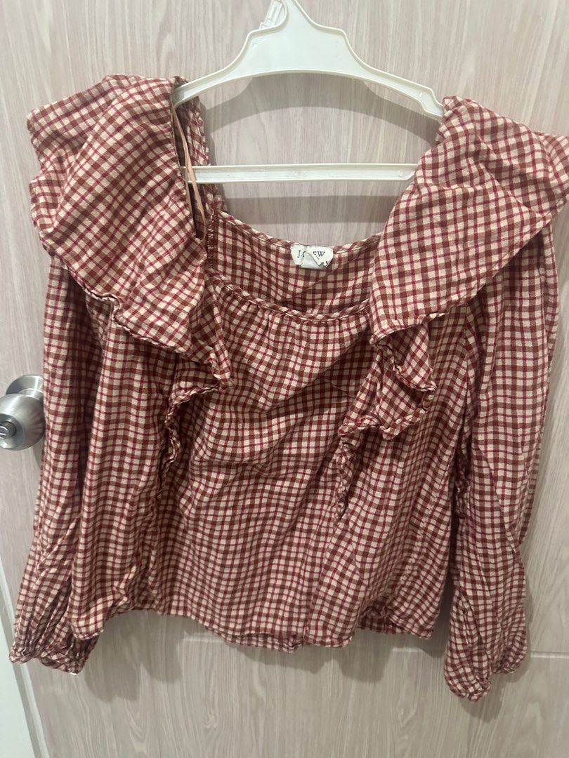 JCrew Long Sleeve Ruffle Detail Checkered Red Plaid Top (Category: Blouses) located in Paranaque City. Submitted by cyanotype (Listing ID 1422943621, Image 1). Description: XS but can fit a size 8.