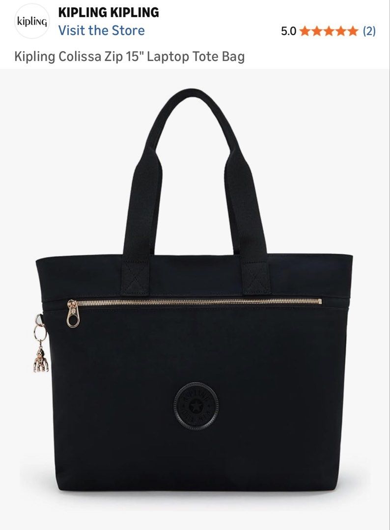 Sale! Kipling Colissa Zip 15" Laptop Tote Bag (Category: Tote Bags) located in Taytay. Submitted by zipzyzan (Listing ID 1423012358, Image 1). Description: Kipling Colissa Zip is a large tote bag designed to fit a laptop up to 15 inches. It features a zipped main compartment, a front zip pocket, and a protective laptop compartment. It has dual shoulder straps and a monkey keychain. Dimensions are 19"L x 12.5"H x 6.75"D. Made of recycled polyester