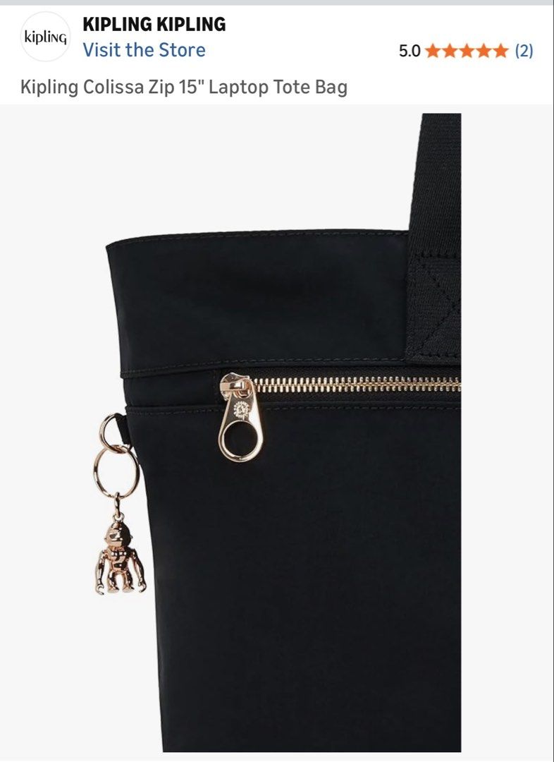 Sale! Kipling Colissa Zip 15" Laptop Tote Bag (Category: Tote Bags) located in Taytay. Submitted by zipzyzan (Listing ID 1423012358, Image 3). Description: Kipling Colissa Zip is a large tote bag designed to fit a laptop up to 15 inches. It features a zipped main compartment, a front zip pocket, and a protective laptop compartment. It has dual shoulder straps and a monkey keychain. Dimensions are 19"L x 12.5"H x 6.75"D. Made of recycled polyester