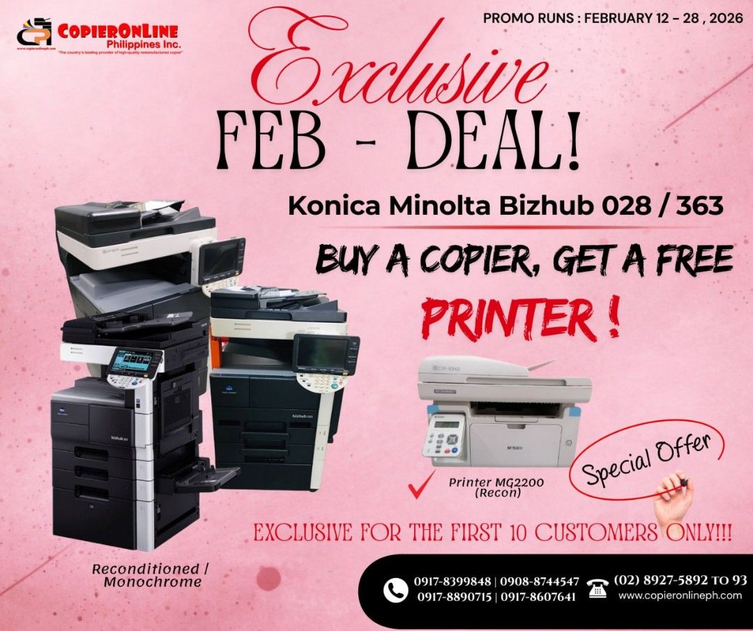 Konica Minolta Bizhub 028/363 + Free Printer (Category: Printers, Scanners & Copiers) located in Quezon City. Submitted by copieronlineinc (Listing ID 1422919663, Image 1). Description: Exclusive February deal! Buy a Konica Minolta Bizhub 028/363 copier and get a free Printer MG2200 (Recon). This offer is for the first 10 customers only. The copiers are reconditioned and monochrome. Promo runs from February 12-28, 2026. Contact CopierOnline Phili