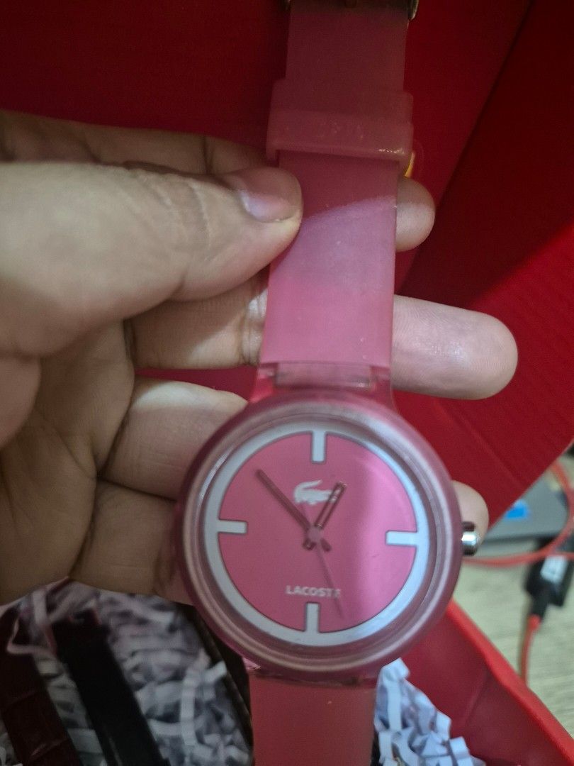 Lacoste Pink Watch (Category: Women's Watches) located in Manila. Submitted by PIT2007 (Listing ID 1423012882, Image 1). Description: - Authentic Lacoste watch. - Stylish pink dial with white accents. - Comfortable pink strap. - Features the iconic Lacoste logo. - Flexible strap material..