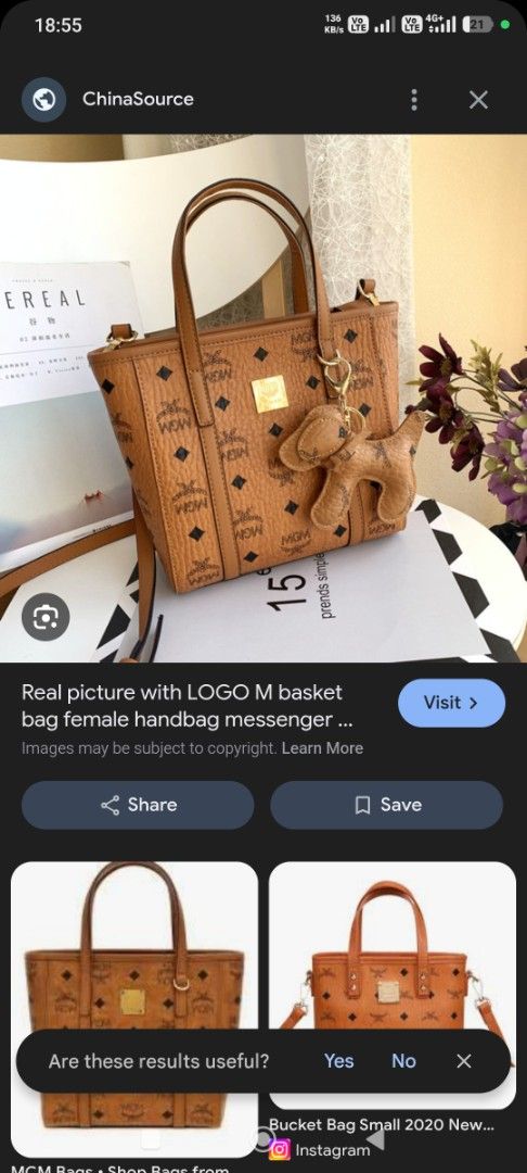MCM Basket Bag Female Handbag Messenger (Category: Luxury Bags & Wallets) located in Malaybalay. Submitted by sparow088 (Listing ID 1422927604, Image 1). Description: - Authentic MCM basket bag - Includes a cute dog charm - Features a top handle and a detachable strap for versatility - Showcases the iconic MCM logo pattern - Interior boasts a patterned lining and a secure zippered pocket - Elegant brown color.