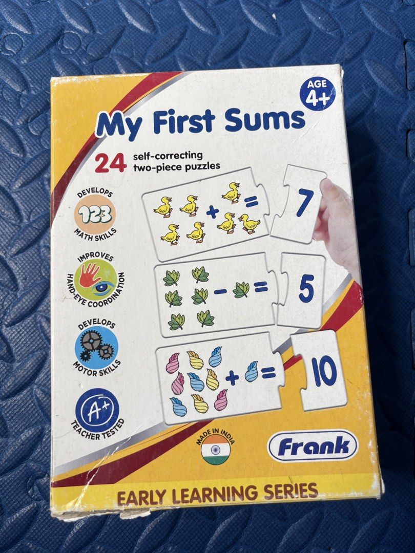 My First Sums (Frank) & Word Puzzles (Chuckle & Roar) (Category: Educational & Learning Toys) located in Paranaque City. Submitted by avec21 (Listing ID 1422948577, Image 3). Description: - Educational puzzle set for kids aged 4+. - Includes two types of puzzles: - "My First Sums": 24 self-correcting puzzles to learn math and improve hand-eye coordination. - Word puzzles: Helps children learn new words. RFS: Declutterring Pick-up Location: Parana