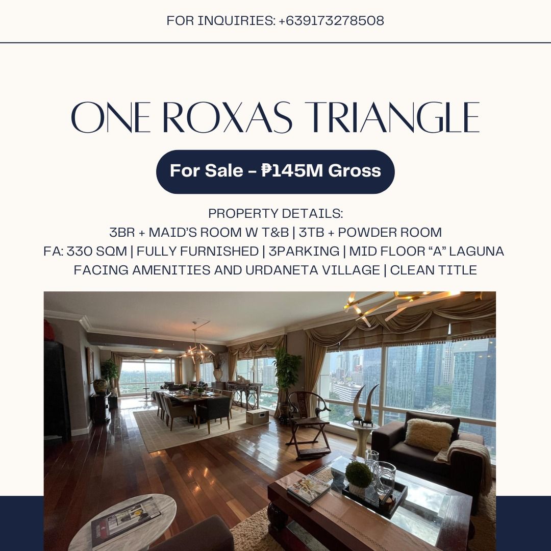 One Roxas Triangle - 20th floor Laguna Makati | 3 bedroom fully ...