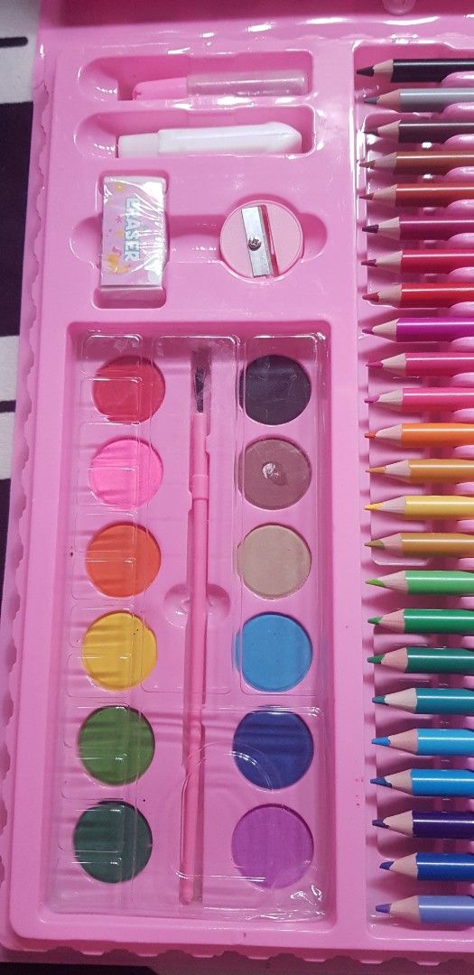 Pink Mega Art Set crayons 168 Pcs (Category: Craft Supplies & Tools) located in Pasay City. Submitted by cheekycornershop (Listing ID 1422990756, Image 2). Description: - 168-piece Mega Art Set - Includes: Crayons, Oil Pastels, Markers, Colored Pencils, Watercolor Cakes - Also Includes: Sharpener, Palette, Eraser, Paint Brush, Pencils - Ideal for artists of all ages! ps. 5 crayons missing when we open. never been used..