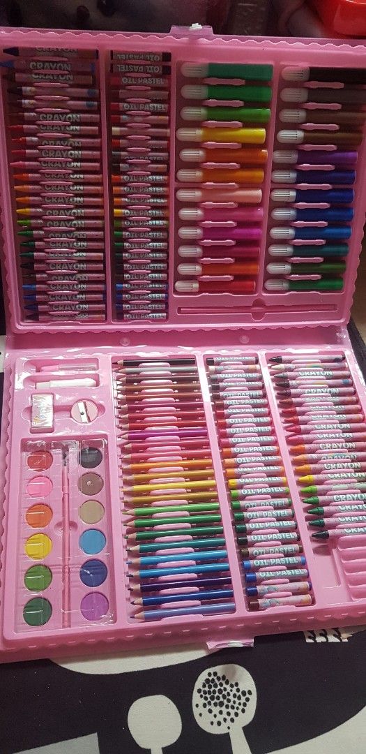 Pink Mega Art Set crayons 168 Pcs (Category: Craft Supplies & Tools) located in Pasay City. Submitted by cheekycornershop (Listing ID 1422990756, Image 1). Description: - 168-piece Mega Art Set - Includes: Crayons, Oil Pastels, Markers, Colored Pencils, Watercolor Cakes - Also Includes: Sharpener, Palette, Eraser, Paint Brush, Pencils - Ideal for artists of all ages! ps. 5 crayons missing when we open. never been used..