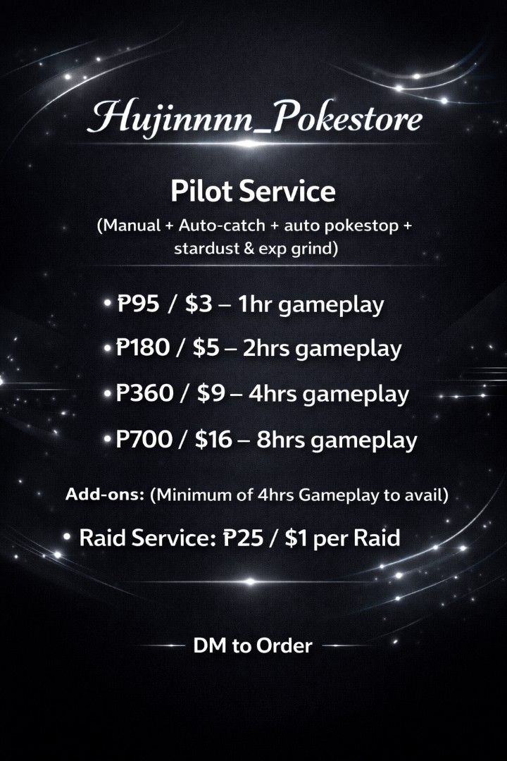 Pokemon Go Service - Shundo, Raid, Stardust, & Pilot Service (Category: Nintendo) located in Quezon City. Submitted by hujinnnn_pokestore (Listing ID 1423073781, Image 3). Description: On this service; 1. 🔑 Link the FB Account or PTC Account that I'll be giving to you. No Login Required. 1.1 Trainer club login is preferred since it doesn't require any verification to login (Best and Fastest) 1.2 If you provided FB or Gmail Login, Please prepare 