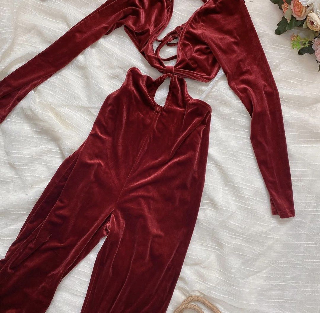 Red Velvet Cutout Jumpsuit (Category: Jumpsuits) located in Dagupan City. Submitted by secondhandbyg (Listing ID 1423078716, Image 2). Description: Bought from Trendency PH. Never worn. Selling low price just to declutter. Dimensions in photo. MOP: Gcash, GoTyme, Maribank MOD: JNT.