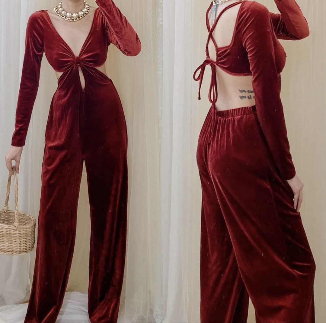 Red Velvet Cutout Jumpsuit (Category: Jumpsuits) located in Dagupan City. Submitted by secondhandbyg (Listing ID 1423078716, Image 1). Description: Bought from Trendency PH. Never worn. Selling low price just to declutter. Dimensions in photo. MOP: Gcash, GoTyme, Maribank MOD: JNT.