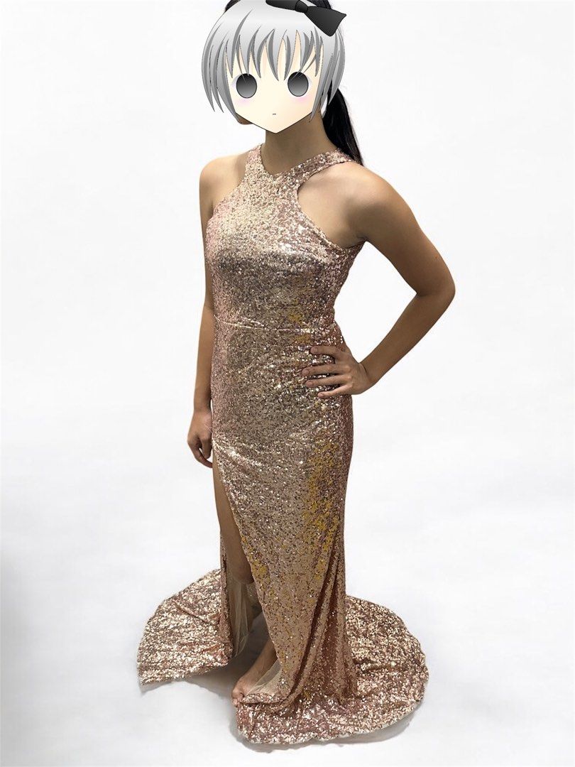 Rose Gold Sequin Halter Dress (Category: Dresses) located in Manila. Submitted by AngelResty (Listing ID 1423000167, Image 2). Description: - Rose gold sequin halter dress - Features a high slit and flowing train - Perfect for formal events, proms, and special occasions - Flattering silhouette - Designed for a grand entrance.