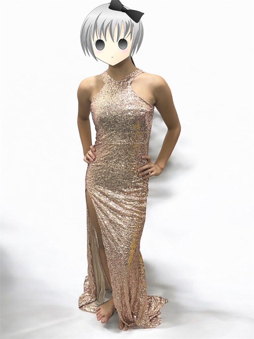 Rose Gold Sequin Halter Dress (Category: Dresses) located in Manila. Submitted by AngelResty (Listing ID 1423000167, Image 3). Description: - Rose gold sequin halter dress - Features a high slit and flowing train - Perfect for formal events, proms, and special occasions - Flattering silhouette - Designed for a grand entrance.