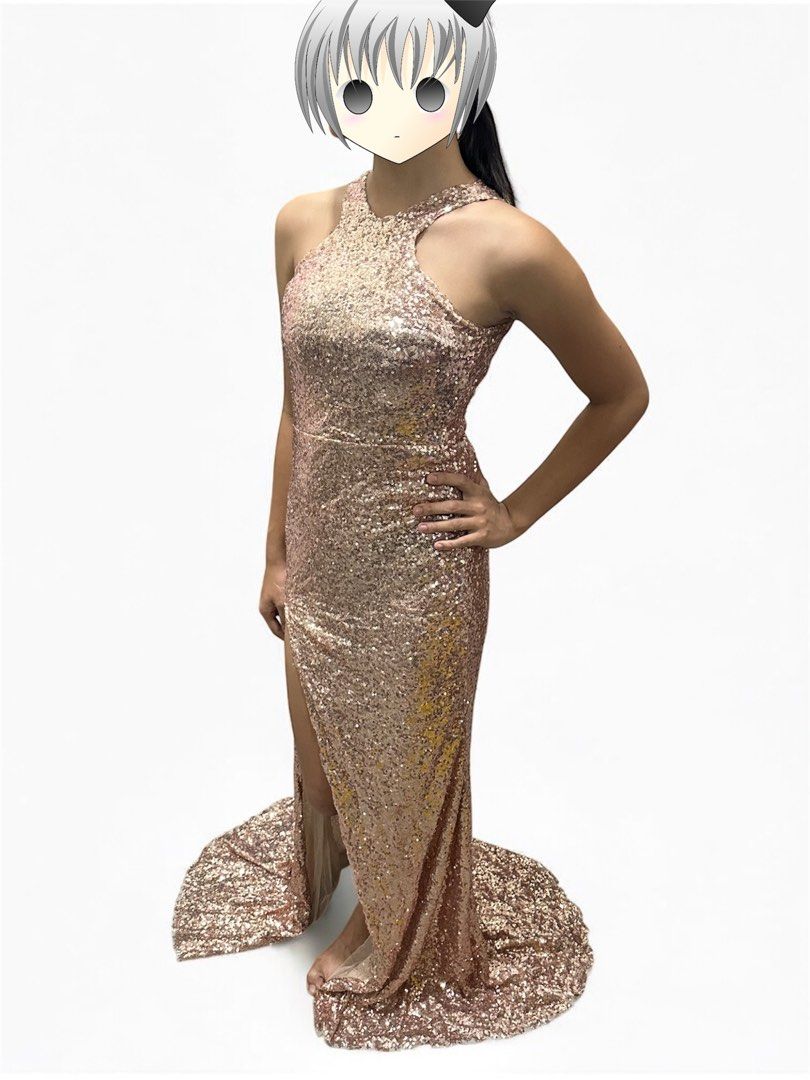 Rose Gold Sequin Halter Dress (Category: Dresses) located in Manila. Submitted by AngelResty (Listing ID 1423000167, Image 1). Description: - Rose gold sequin halter dress - Features a high slit and flowing train - Perfect for formal events, proms, and special occasions - Flattering silhouette - Designed for a grand entrance.