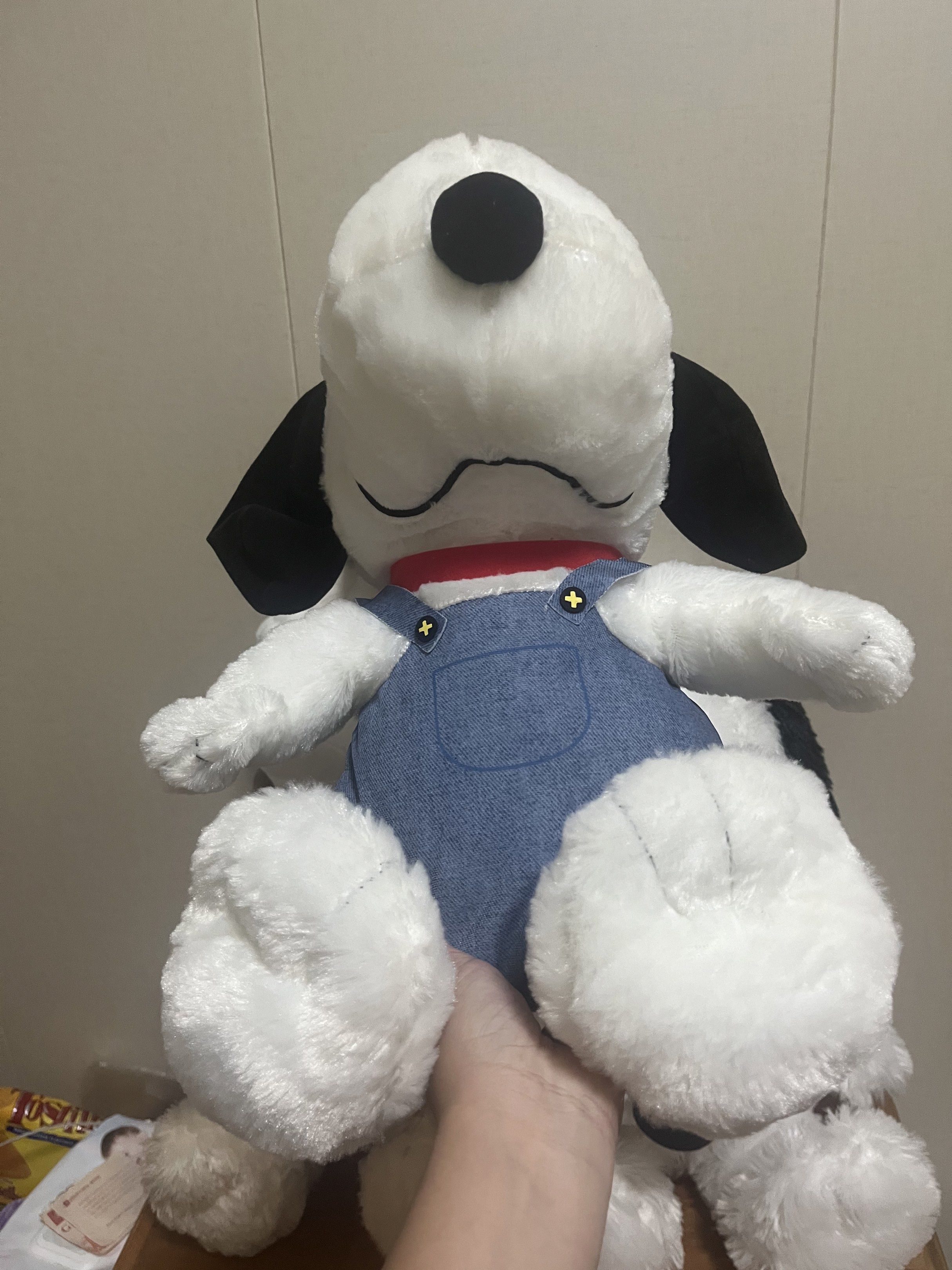Snoopy Plush Toy with Overalls (Category: Plushies & Soft Toys) located in Las Pinas. Submitted by stuffhaven (Listing ID 1423074996, Image 3). Description: Location : Las Piñas Pick up or lalamove. No cod. Payment 1st. Super nice in actual. Adorable Snoopy plush toy is wearing denim overalls. It features Snoopy's signature black ears and nose. The toy has a red collar and a small tail. The tag indicates it is a Peanuts product..