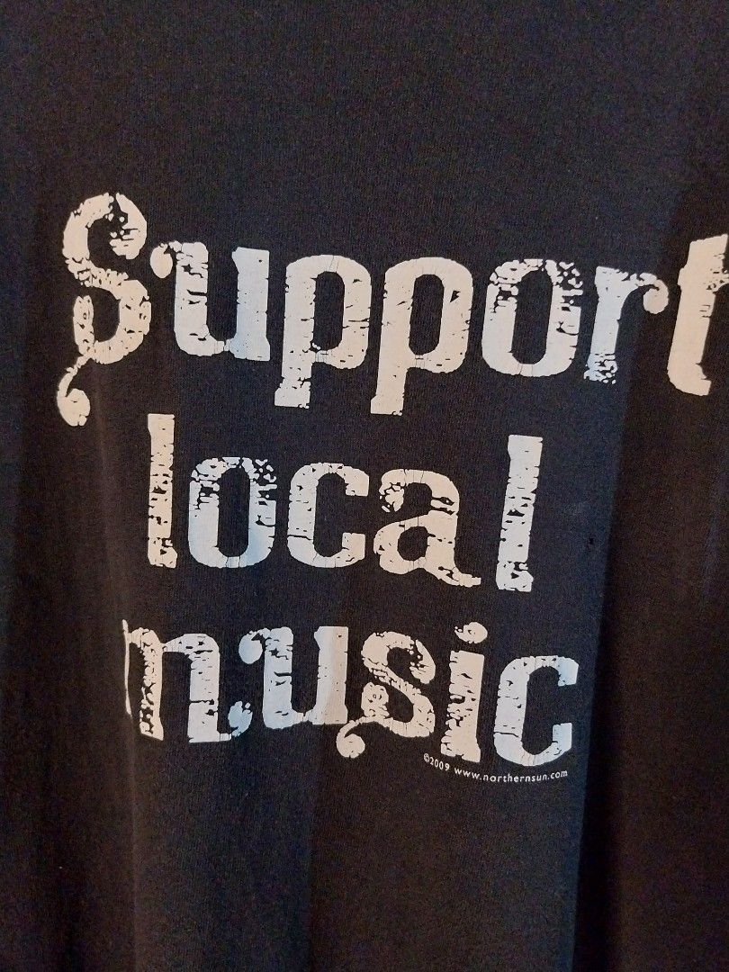 Support Local Music Tee Shirt 2009 (Category: Tshirts & Polo Shirts ) located in Zamboanga. Submitted by thekeepersph (Listing ID 1423017397, Image 2). Description: 21.5x29.5 size Large 2 pin holes.