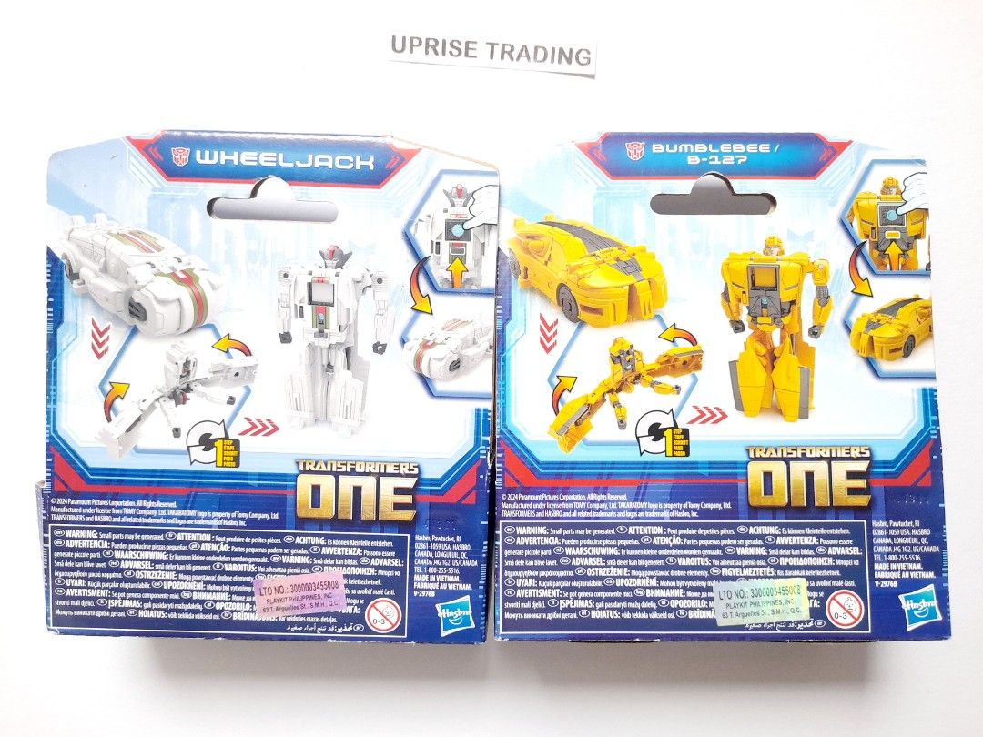 Transformers One Wheeljack & Bumblebee Action Figures Robot toys (Category: Action & Battle Toys) located in Cavite. Submitted by risingsunonlineshop (Listing ID 1422981017, Image 2). Description: - 470 each - Available on shapi : Uprisetrading369 - Transformers 1-Step Changer figures: Wheeljack and Bumblebee - Both figures are in their original packaging - Wheeljack: White with red and green accents - Bumblebee: Yellow - Easy 1-Step transformati