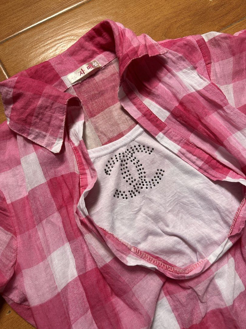 Y2K Chanel Alt Pink Plaid Top with White Undershirt (Category: Blouses) located in Caloocan City. Submitted by yoonstar (Listing ID 1422969255, Image 2). Description: ☆Pink plaid top with white undershirt ☆Major Regina George vibes ☆Chanel rhinestones design ☆With adjustable drawstring ☆Best fits S-L ☆No "when worn" photos .