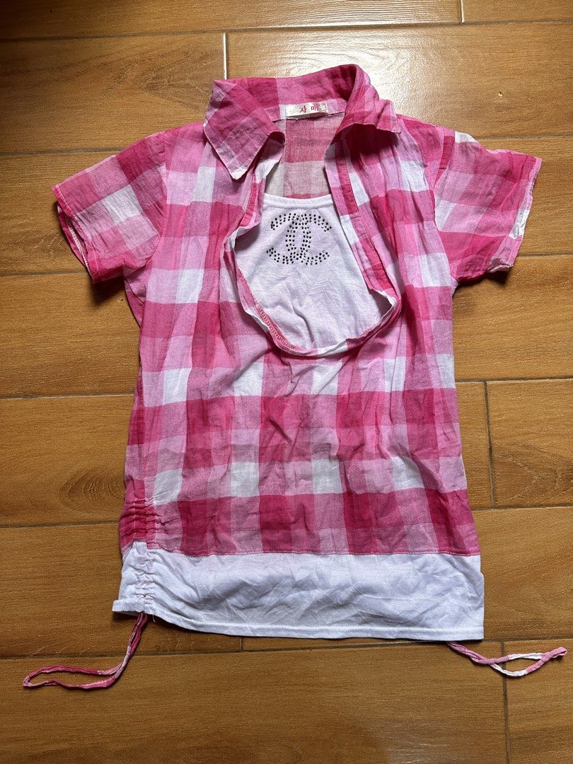 Y2K Chanel Alt Pink Plaid Top with White Undershirt (Category: Blouses) located in Caloocan City. Submitted by yoonstar (Listing ID 1422969255, Image 1). Description: ☆Pink plaid top with white undershirt ☆Major Regina George vibes ☆Chanel rhinestones design ☆With adjustable drawstring ☆Best fits S-L ☆No "when worn" photos .