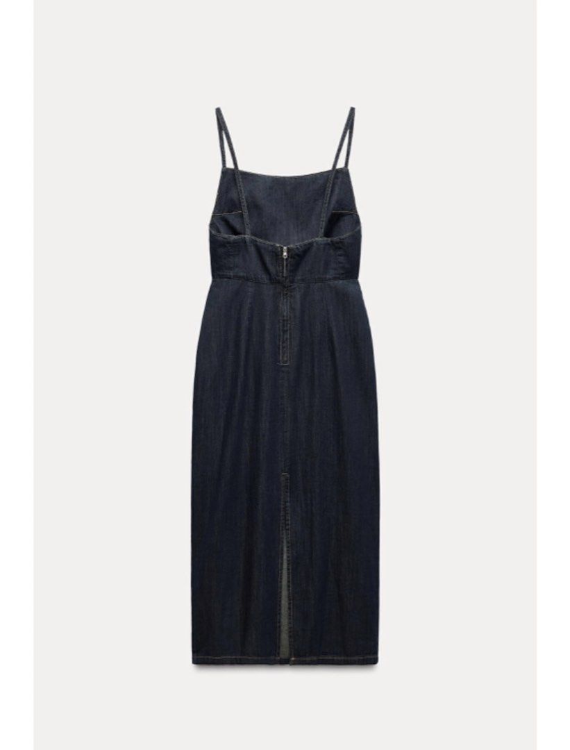 Zara Denim Midi Dress (Category: Dresses) located in Lucena. Submitted by helpmedeclutter07 (Listing ID 1423006077, Image 2). Description: - Dark wash denim dress - Square neckline - Spaghetti straps - Fitted bodice - Zipper closure at back - Slit at hem.