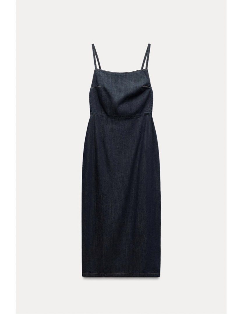 Zara Denim Midi Dress (Category: Dresses) located in Lucena. Submitted by helpmedeclutter07 (Listing ID 1423006077, Image 1). Description: - Dark wash denim dress - Square neckline - Spaghetti straps - Fitted bodice - Zipper closure at back - Slit at hem.