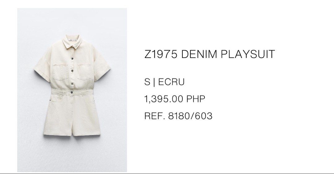 Zara Z1975 Denim Playsuit - Ecru (Category: Rompers) located in Makati City. Submitted by lheigg (Listing ID 1422967752, Image 2). Description: - Zara Z1975 denim playsuit - Color: Ecru - Size: Small - Features: - Collared neckline - Short sleeves - Button-down front - Two chest pockets - Waist tie - Perfect for a casual, stylish look..