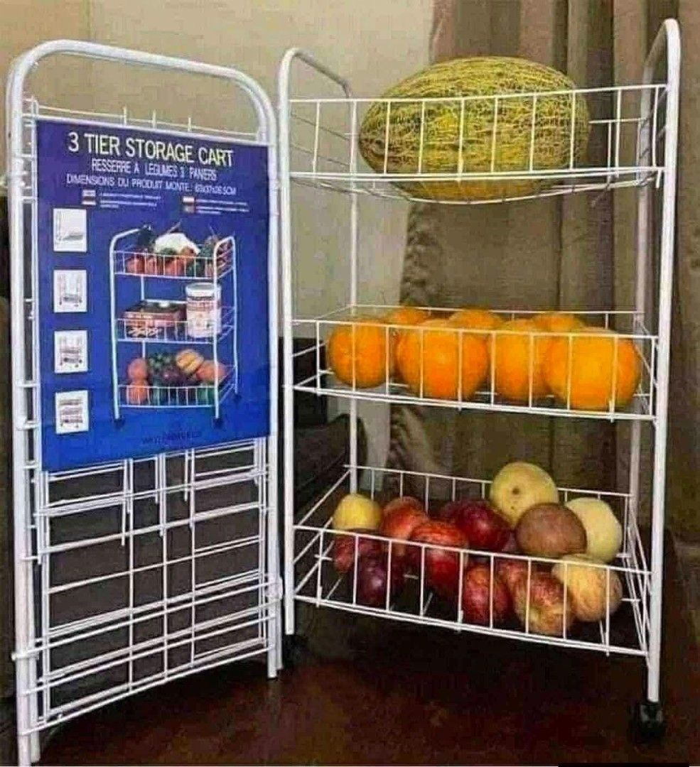 3-Tier Storage Cart (Category: Storage Boxes & Baskets) located in Manila. Submitted by lyfrancois14 (Listing ID 1423189200, Image 1). Description: 3-tier storage cart is perfect for organizing fruits, vegetables, snacks, and other items. It features a sturdy white frame with three wire baskets for easy visibility and access. The cart is on wheels for easy mobility. Ideal for kitchens, pantries, or any space needing extra storage..