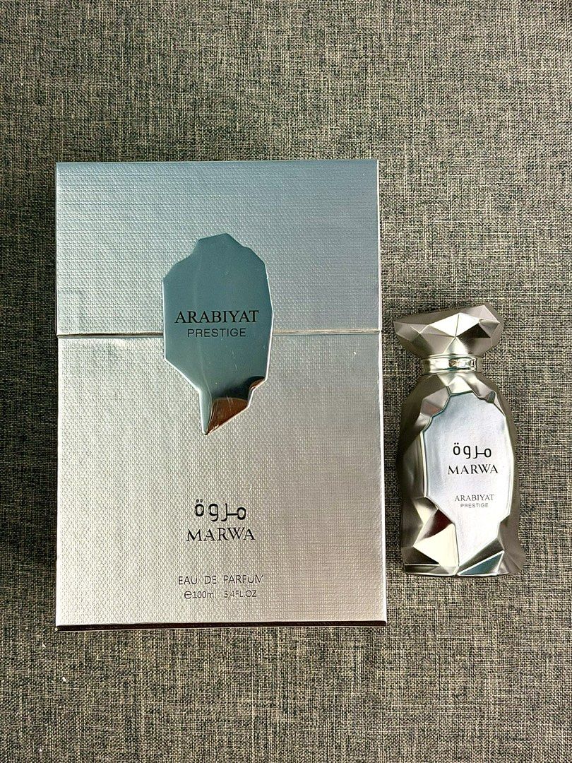 Arabiyat Prestige Marwa Eau de Parfum (Category: Fragrance & Deodorants) located in Paranaque City. Submitted by barbs24 (Listing ID 1423130701, Image 1). Description: - Arabiyat Prestige Marwa Eau de Parfum - 100ml / 3.4 fl oz - Silver bottle and box - Eau de Parfum - Brand new, in box - Features the Arabiyat Prestige logo.