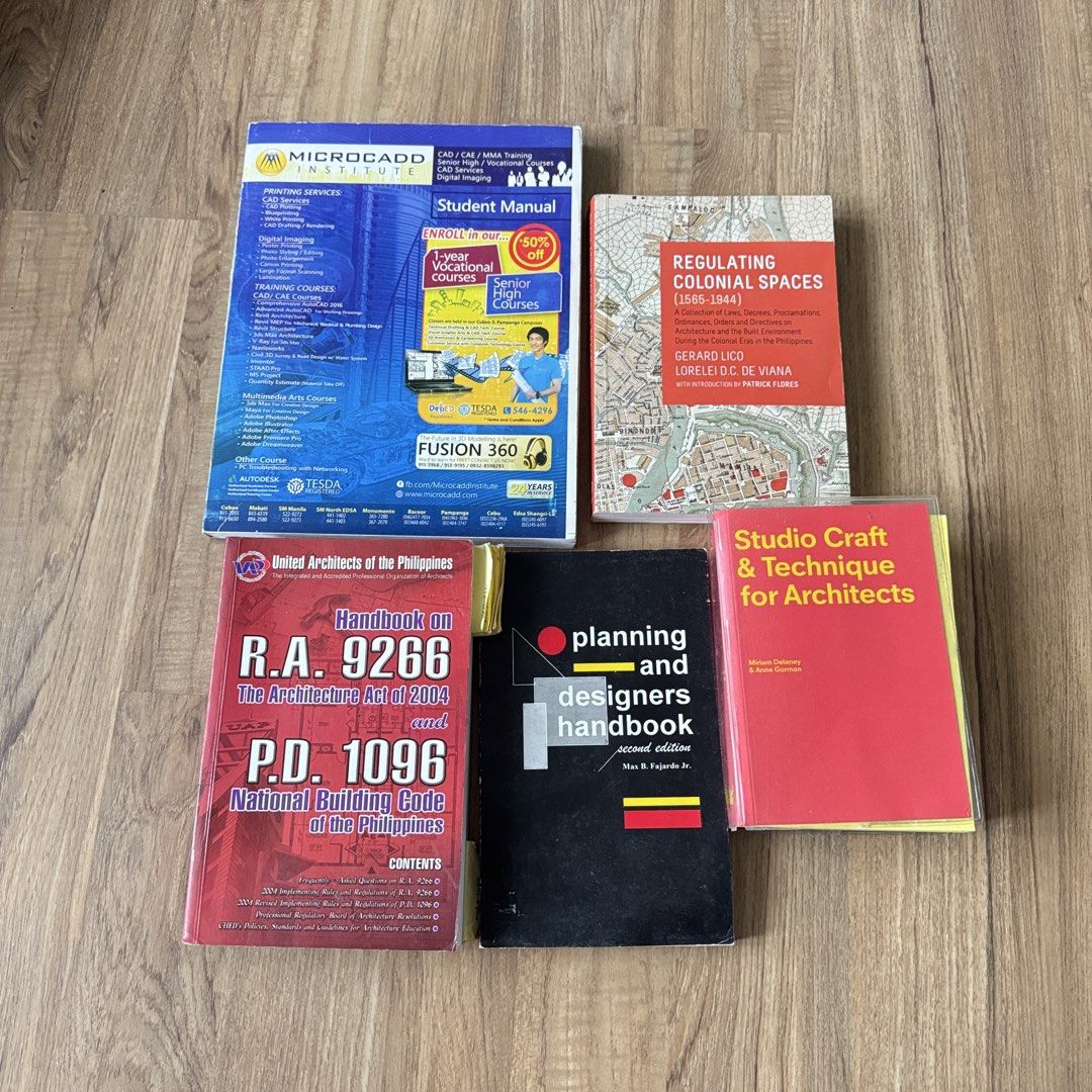 Architecture Books RA 9266 PD 1096 National Building Code (Category: Textbooks) located in Manila. Submitted by angelicacdc (Listing ID 1423246333, Image 1). Description: ⭐️ ARCHITECTURE BOOKS Set 3 ⭐️ Read the description (left to right) ✅ = available ❌ = sold *no other photos please see the condition based on the books being turned on the side & the description 1. Microcadd for 3DSMax - 10/10 condition - no plastic cover ✅ Mine: 50 2. Regulatin