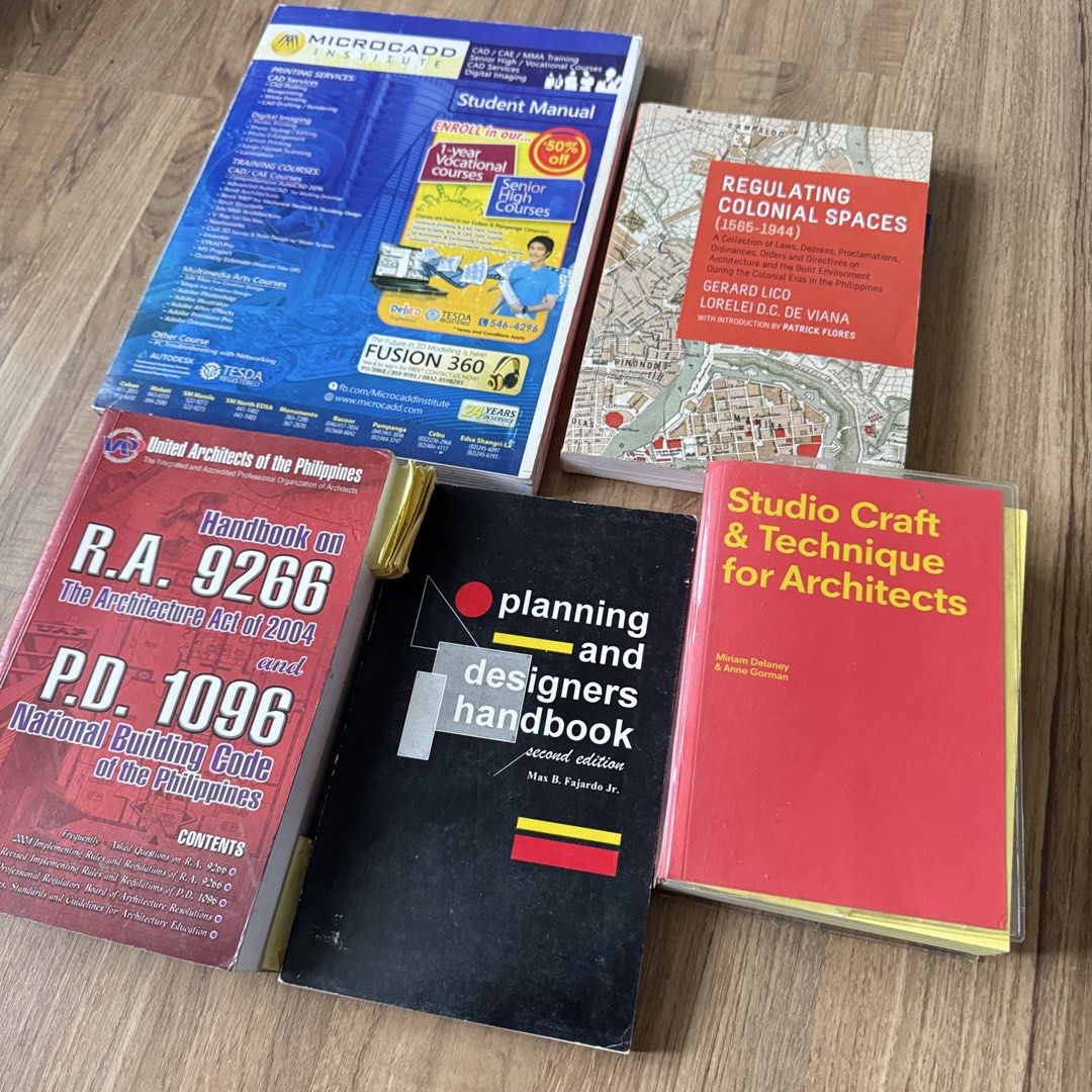 Architecture Books RA 9266 PD 1096 National Building Code (Category: Textbooks) located in Manila. Submitted by angelicacdc (Listing ID 1423246333, Image 2). Description: ⭐️ ARCHITECTURE BOOKS Set 3 ⭐️ Read the description (left to right) ✅ = available ❌ = sold *no other photos please see the condition based on the books being turned on the side & the description 1. Microcadd for 3DSMax - 10/10 condition - no plastic cover ✅ Mine: 50 2. Regulatin