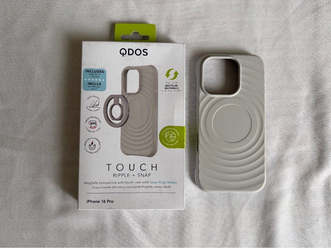 [Authentic] QDOS iPhone 16 PRO Stone case (Category: Cases & Sleeves) located in Quezon City. Submitted by cluttercures (Listing ID 1423194739, Image 1). Description: - Authentic QDOS iPhone 16 Pro case. - Stone color. - Ripple design. - Includes Snap Ring Holder. - MagSafe compatible. - Made with recycled materials. - No damages Bought from Powermac (see pics) Rfs: too many cases again Loc: Quezon City MOP: Gcash Lalamove / Grab ready.