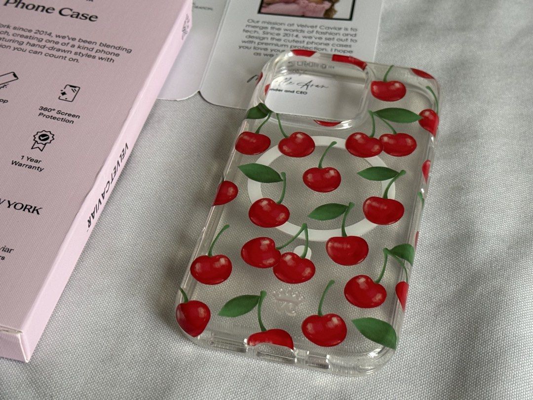 [Authentic] Velvet Caviar iPhone 16 Pro Case Cherries (Category: Cases & Sleeves) located in Quezon City. Submitted by cluttercures (Listing ID 1423196306, Image 2). Description: - Authentic Velvet Caviar iPhone 16 Pro case. - Features a vibrant cherry design. - Stylish and protective design. - Made by Velvet Caviar. - Bought from actual website - Not my type no yellowing of case Rfs: not my style and too many cases Loc: Quezon City MOP: Gcash la