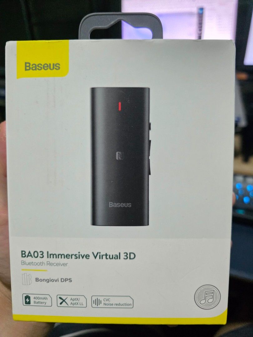 Baseus BA03 Immersive Virtual 3D Bluetooth Receiver (Category: Soundbars, Speakers & Amplifiers) located in Pasig City. Submitted by gentlephoenix.fe9325 (Listing ID 1423189992, Image 1). Description: Make your wired headset wireless using Baseus BA03 immersive 3d Bluetooth audio receiver Has built in mic for calls Good for work, making your wired headset wireless Pasig area.