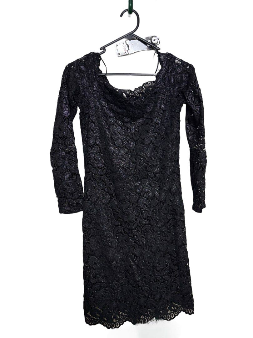 Black Lace Off-Shoulder Dress (Category: Dresses) located in Muntinlupa City. Submitted by rinrinzzz (Listing ID 1423193696, Image 2). Description: - Worn once for prom - Bought in H&M - Black lace mini dress - Off-shoulder design - Perfect for dinner dates, formal events, etc. .